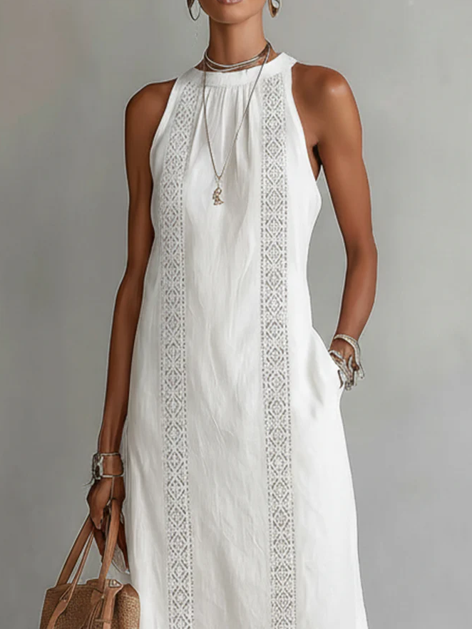 Flowing Summer Midi Dress with Mandarin Collar