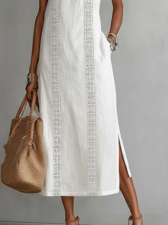 Flowing Summer Midi Dress with Mandarin Collar