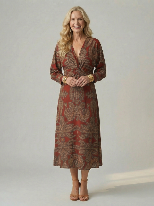 Flowing Wrap Midi Dress with Soft Natural Style