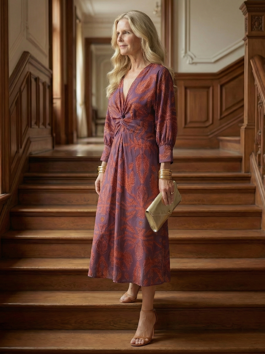 Flowing Wrap Midi Dress with Soft Natural Style