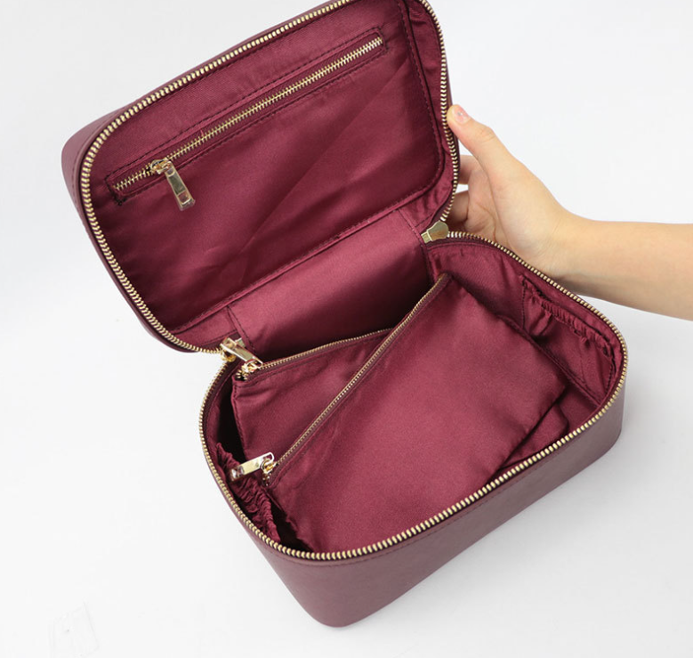Genuine Split Leather Travel Toiletry Bag with Carry Handle