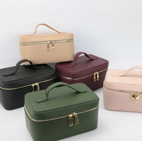 Genuine Split Leather Travel Toiletry Bag with Carry Handle