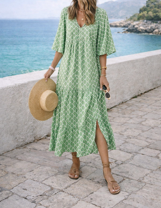 Geometric V-Neck Midi Dress – Flutter Sleeves and Button Detail