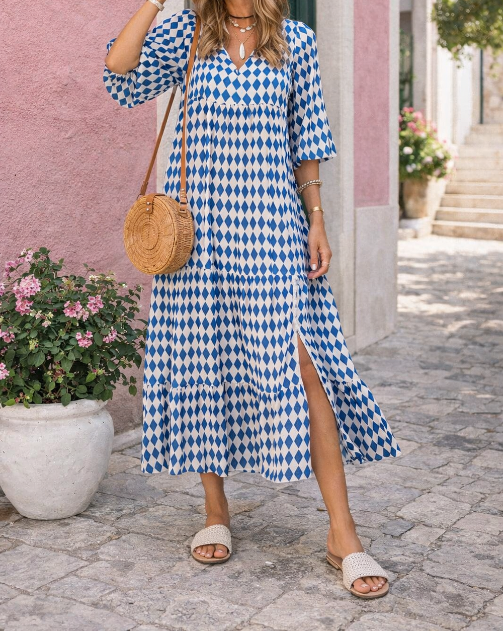 Geometric V-Neck Midi Dress – Flutter Sleeves and Button Detail