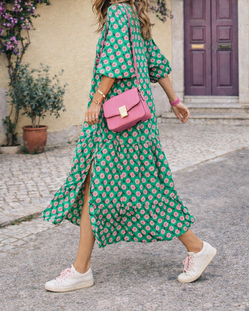 Geometric V-Neck Midi Dress – Flutter Sleeves and Button Detail