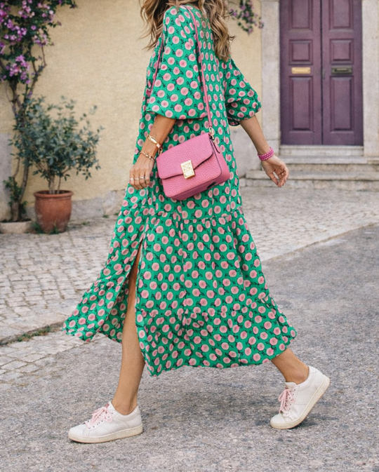 Geometric V-Neck Midi Dress – Flutter Sleeves and Button Detail