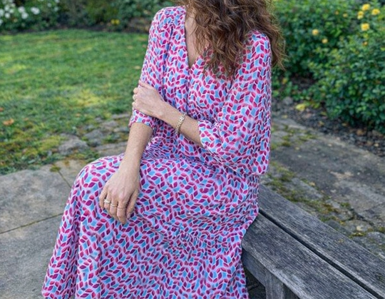 Geometric V-Neck Midi Dress – Flutter Sleeves and Button Detail