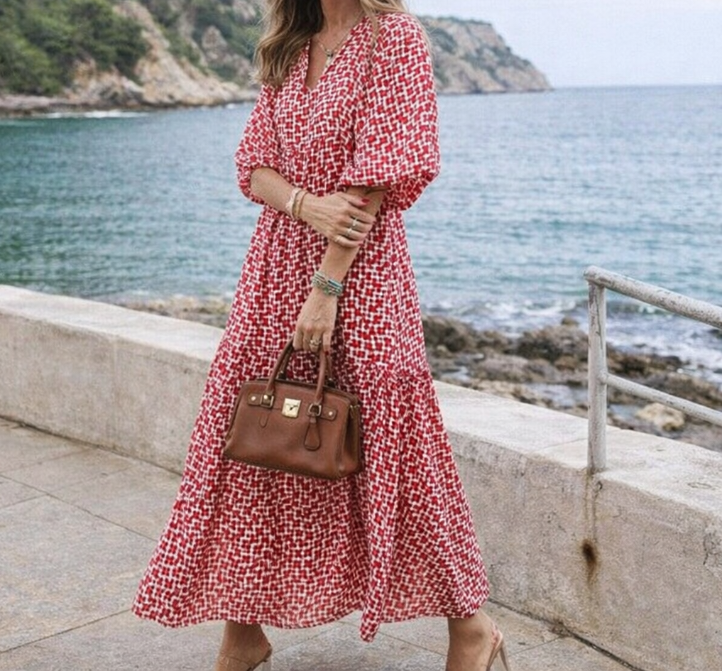 Geometric V-Neck Midi Dress – Flutter Sleeves and Button Detail