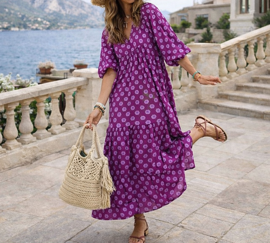 Geometric V-Neck Midi Dress – Flutter Sleeves and Button Detail