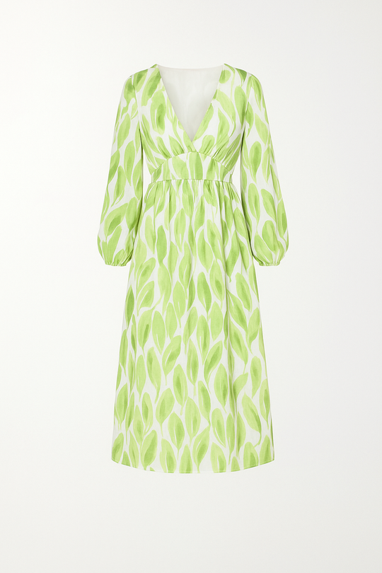Green Leaf-Print V-Neck Midi Dress with Long Sleeves