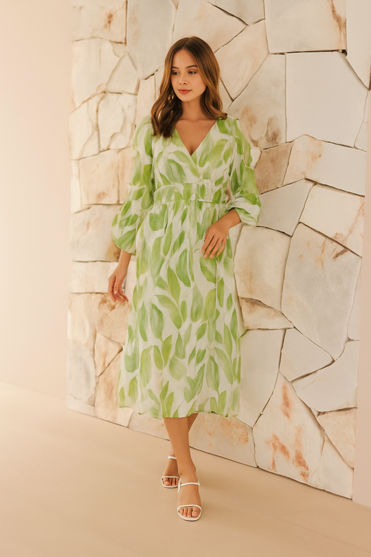 Green Leaf-Print V-Neck Midi Dress with Long Sleeves