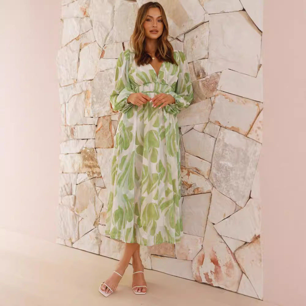 Green Leaf-Print V-Neck Midi Dress with Long Sleeves