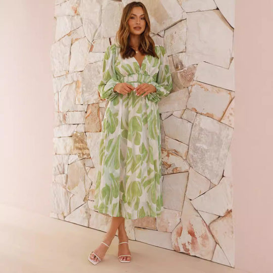 Green Leaf-Print V-Neck Midi Dress with Long Sleeves