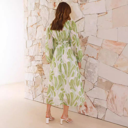 Green Leaf-Print V-Neck Midi Dress with Long Sleeves