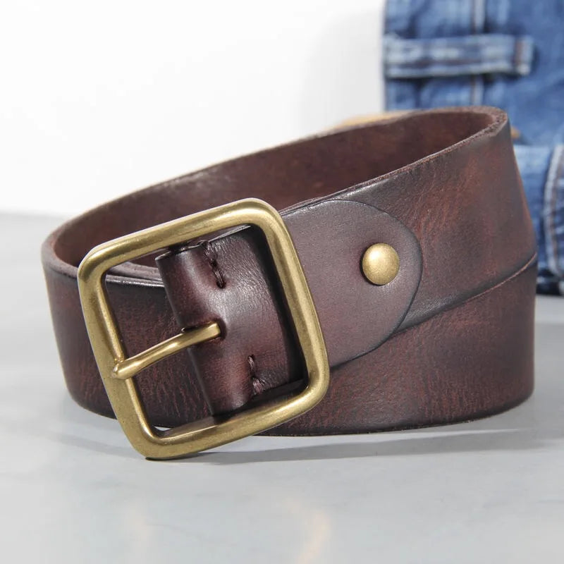 Handcrafted Cowhide Leather Belt with Lead-Free Brass Buckle, 3.8 cm