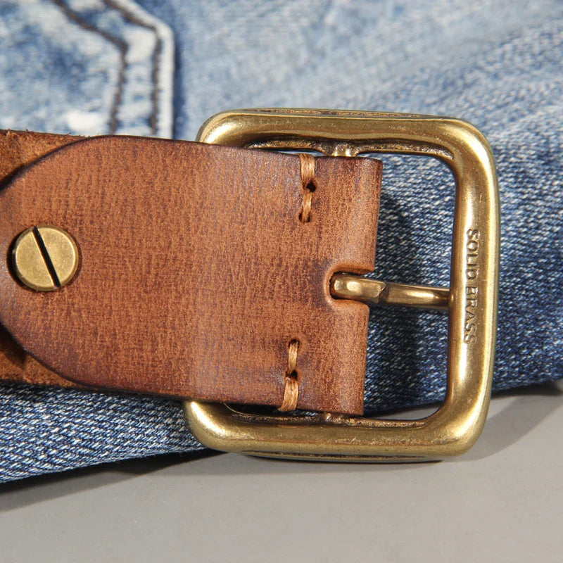 Handcrafted Cowhide Leather Belt with Lead-Free Brass Buckle, 3.8 cm