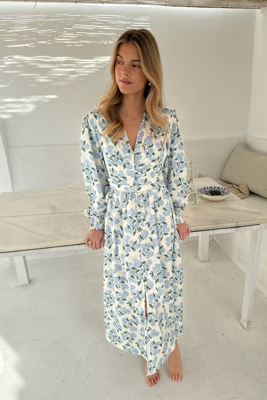 Hydrangea-Print Button-Front Midi Dress with Long Sleeves
