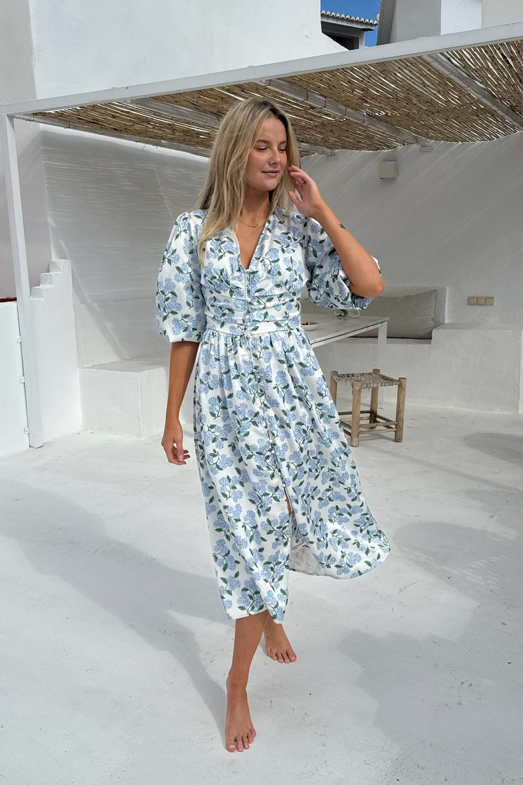 Hydrangea-Print Button-Front Midi Dress with Long Sleeves