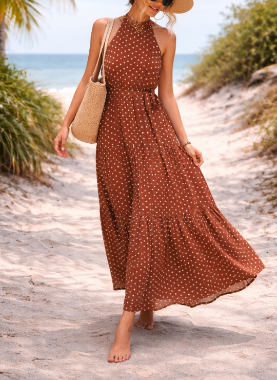 Katia Polka-Dot Halter Maxi Dress – Flowing Summer Holiday Style
