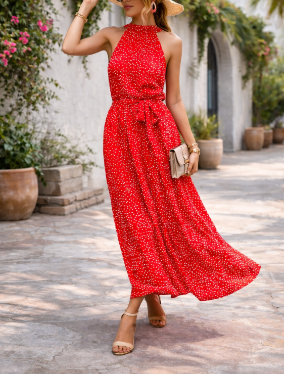 Katia Polka-Dot Halter Maxi Dress – Flowing Summer Holiday Style