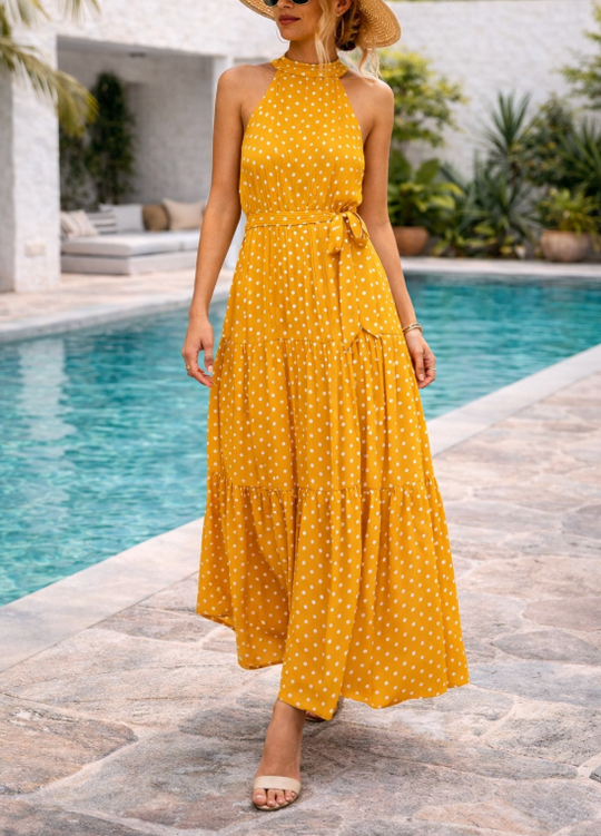 Katia Polka-Dot Halter Maxi Dress – Flowing Summer Holiday Style