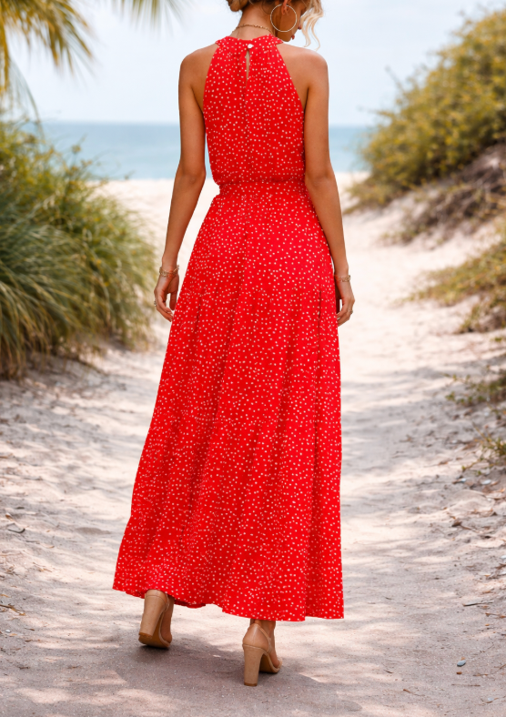 Katia Polka-Dot Halter Maxi Dress – Flowing Summer Holiday Style