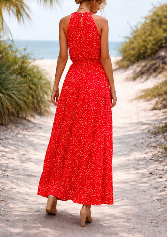 Katia Polka-Dot Halter Maxi Dress – Flowing Summer Holiday Style