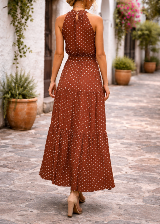 Katia Polka-Dot Halter Maxi Dress – Flowing Summer Holiday Style