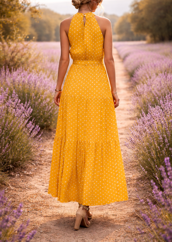 Katia Polka-Dot Halter Maxi Dress – Flowing Summer Holiday Style