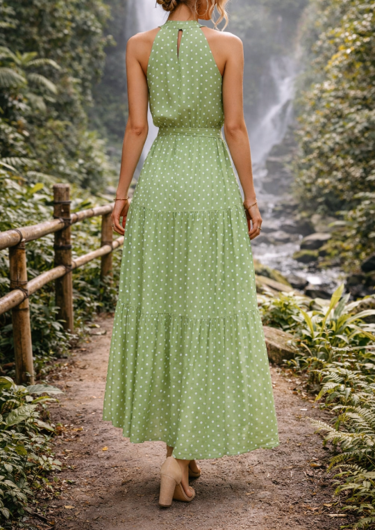 Katia Polka-Dot Halter Maxi Dress – Flowing Summer Holiday Style