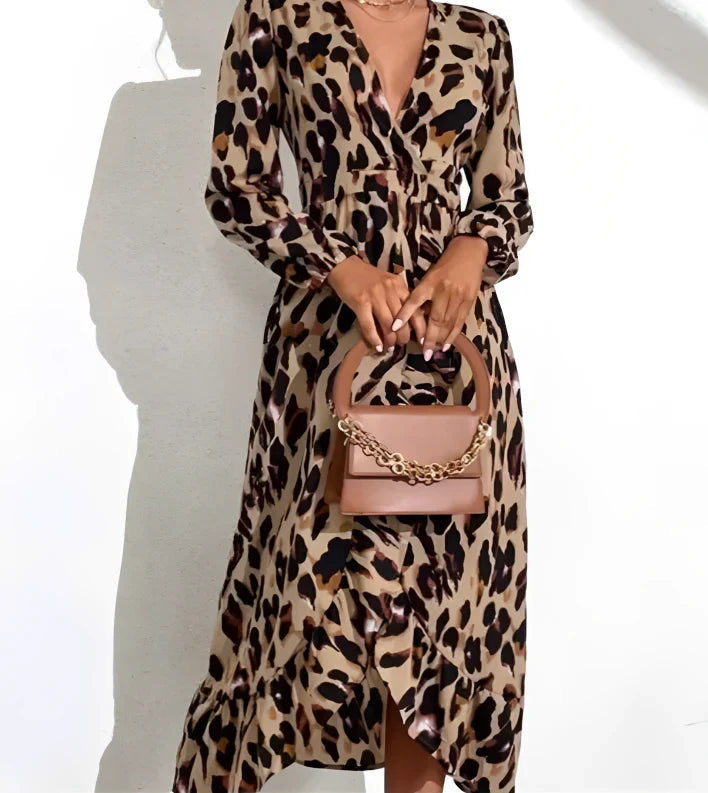 Leopard-Print Wrap Midi Dress with Long Sleeves