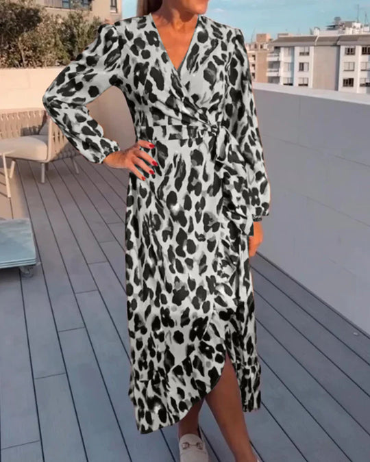 Leopard-Print Wrap Midi Dress with Long Sleeves