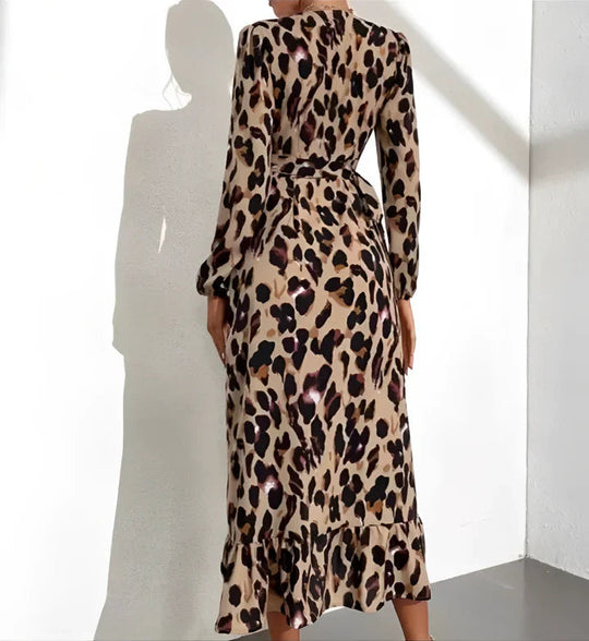 Leopard-Print Wrap Midi Dress with Long Sleeves