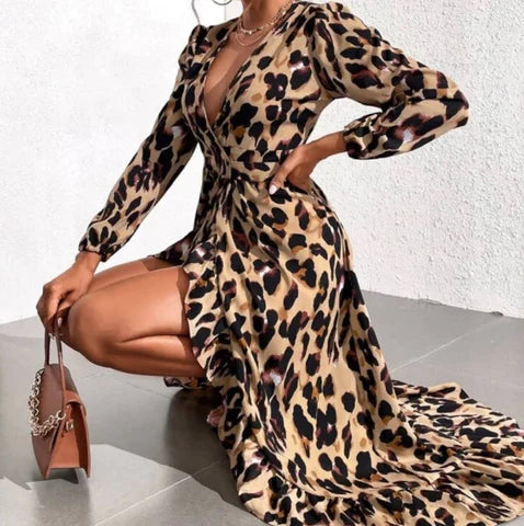 Leopard-Print Wrap Midi Dress with Long Sleeves