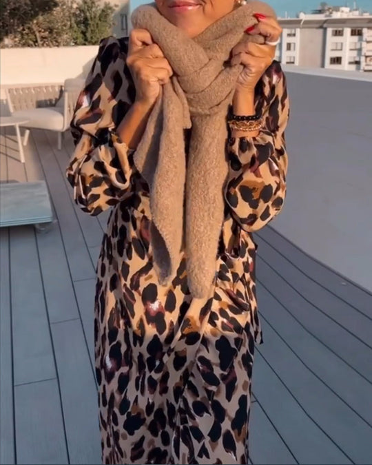 Leopard-Print Wrap Midi Dress with Long Sleeves