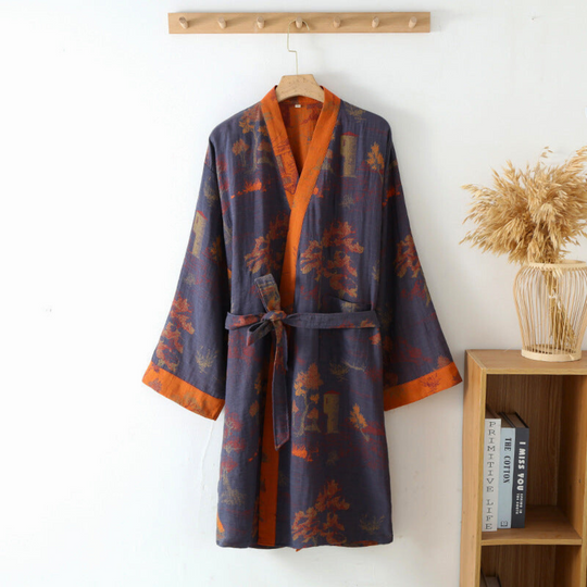 Lightweight Cotton-Blend Kimono Robe – Wide-Sleeve Belted Bathrobe