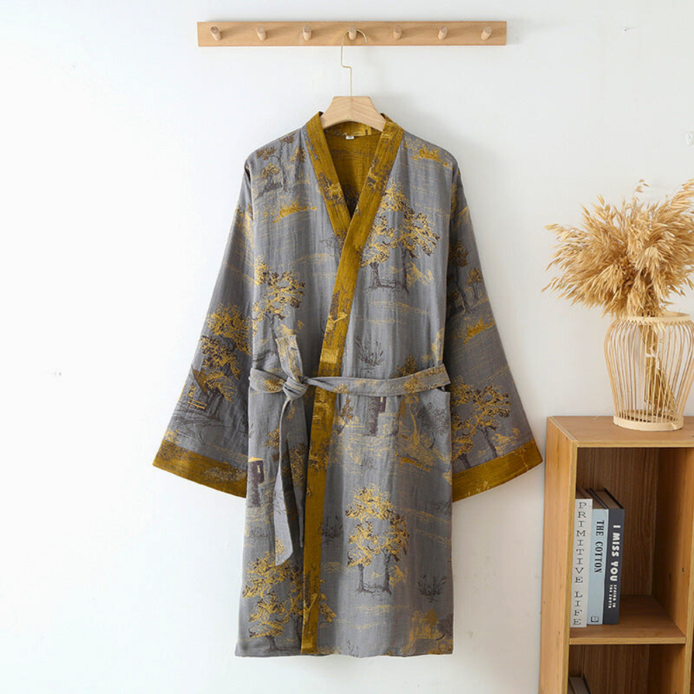 Lightweight Cotton-Blend Kimono Robe – Wide-Sleeve Belted Bathrobe