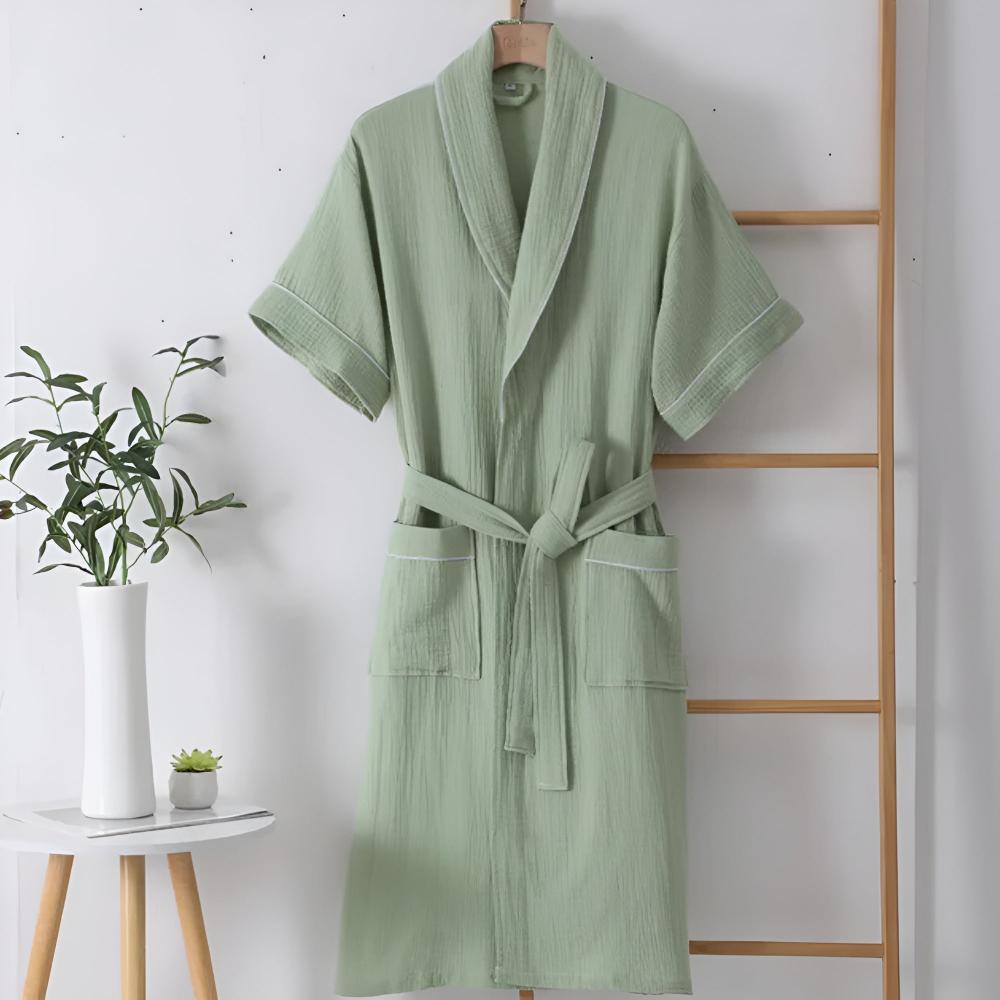 Lightweight Cotton Gauze Summer Robe – Mid-Sleeve Belted Bathrobe