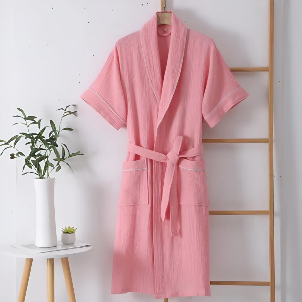 Lightweight Cotton Gauze Summer Robe – Mid-Sleeve Belted Bathrobe