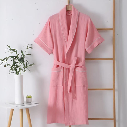Lightweight Cotton Gauze Summer Robe – Mid-Sleeve Belted Bathrobe