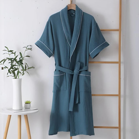 Lightweight Cotton Gauze Summer Robe – Mid-Sleeve Belted Bathrobe