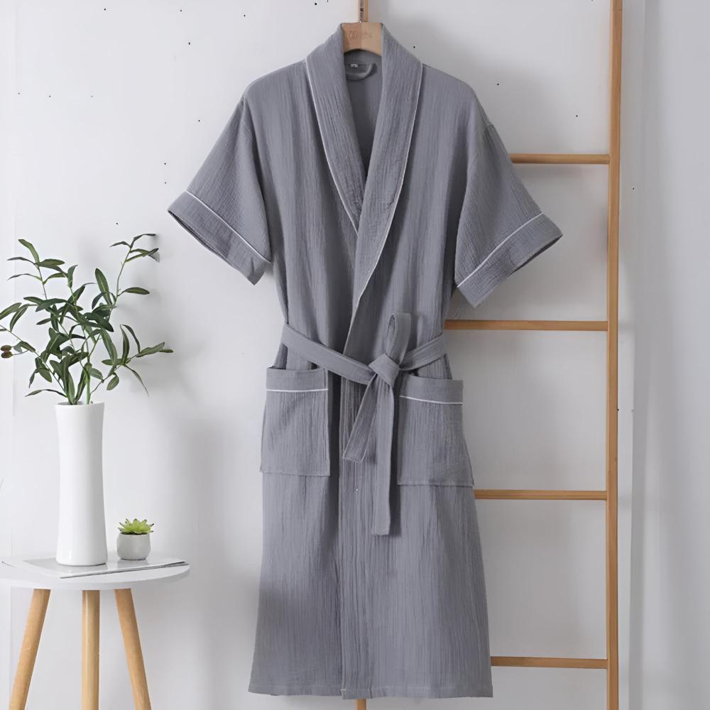 Lightweight Cotton Gauze Summer Robe – Mid-Sleeve Belted Bathrobe