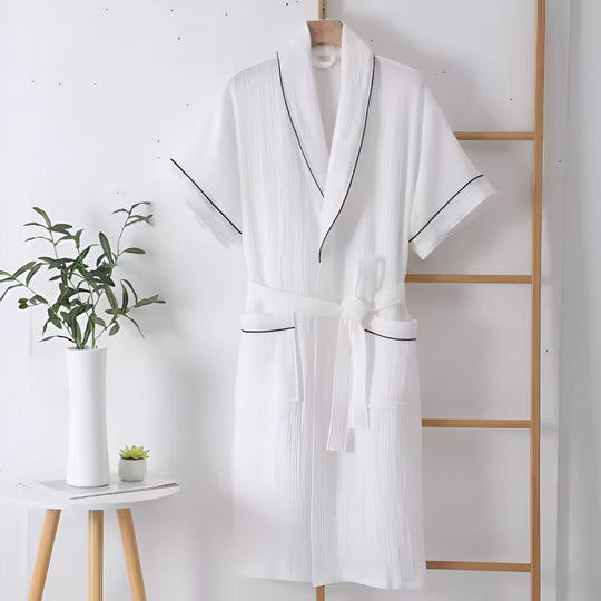Lightweight Cotton Gauze Summer Robe – Mid-Sleeve Belted Bathrobe