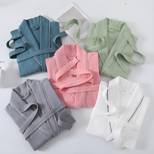 Lightweight Cotton Gauze Summer Robe – Mid-Sleeve Belted Bathrobe