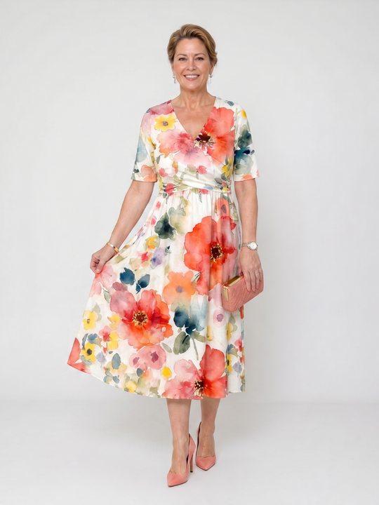 Lightweight Floral V-Neck Midi Dress