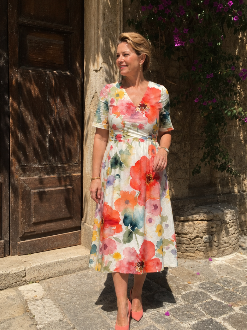 Lightweight Floral V-Neck Midi Dress