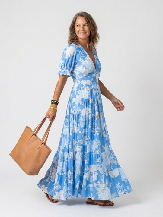 Lightweight Floral V-Neck Midi Dress with Short Sleeves