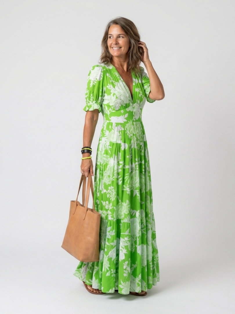 Lightweight Floral V-Neck Midi Dress with Short Sleeves