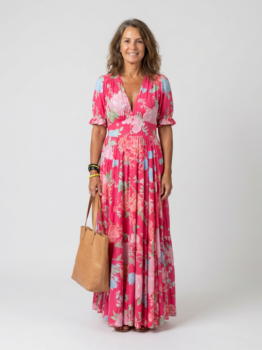 Lightweight Floral V-Neck Midi Dress with Short Sleeves