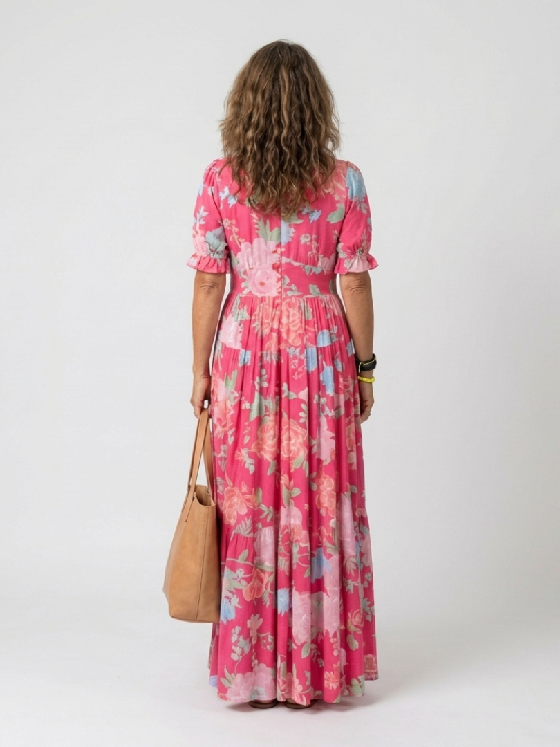 Lightweight Floral V-Neck Midi Dress with Short Sleeves
